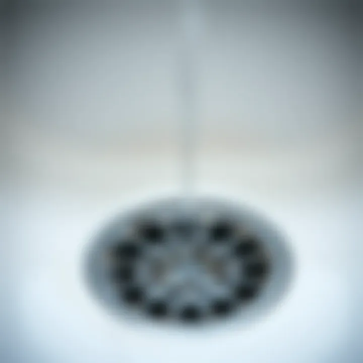 Close-up of a bathroom sink drain showing water accumulation