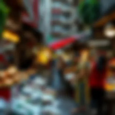A vibrant urban market bustling with life and affordable food choices