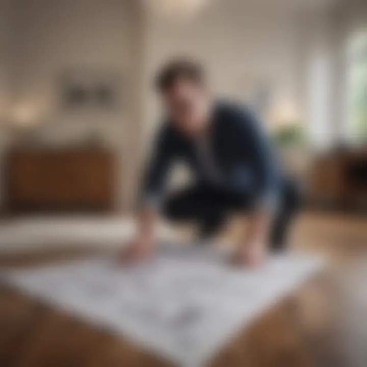 Architect analyzing floor plans with a calculator