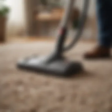 Demonstrating proper vacuuming technique on a rug