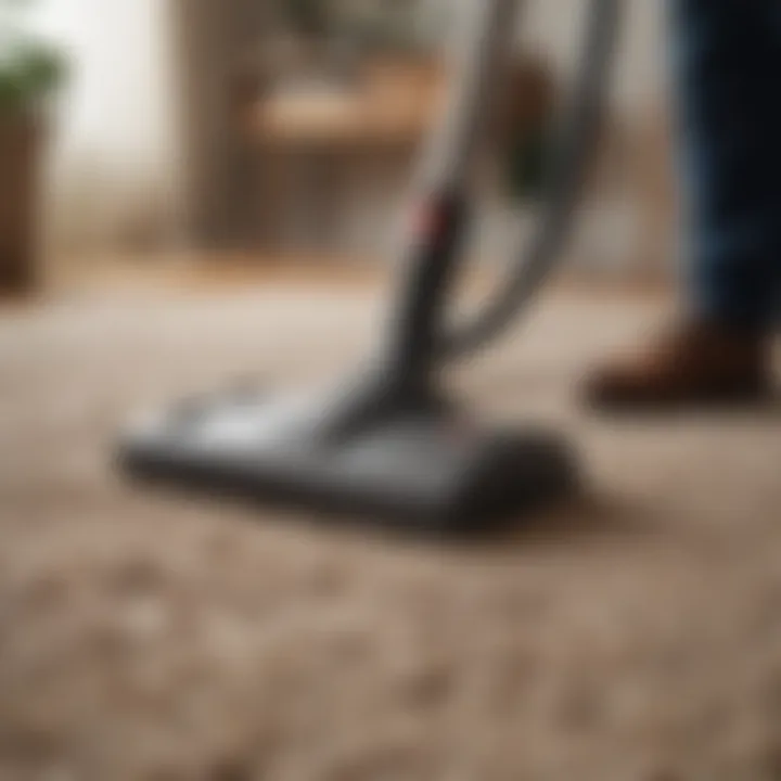 Demonstrating proper vacuuming technique on a rug