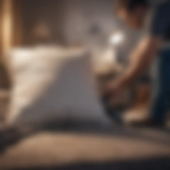 Person using a vacuum cleaner on decorative pillows