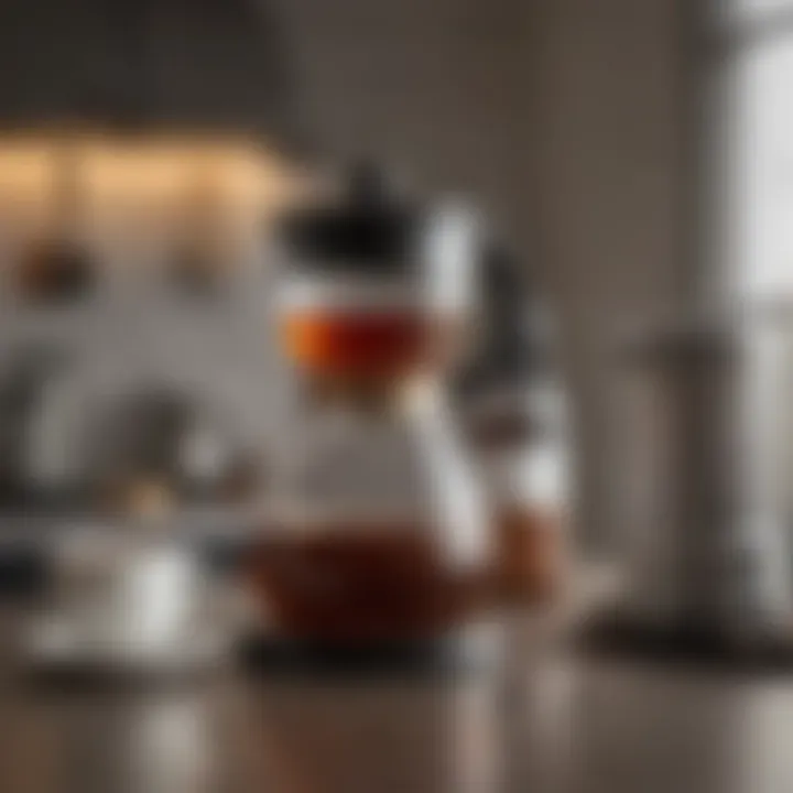 A bottle of vinegar next to a shiny coffee maker ready for cleaning.