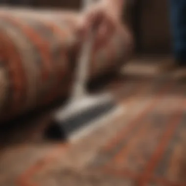 A close-up of a person using a brush to clean a rug.