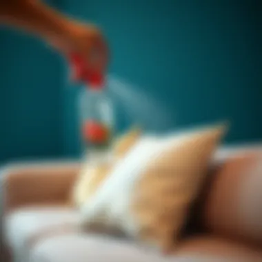 An air freshener being sprayed on a sofa cushion