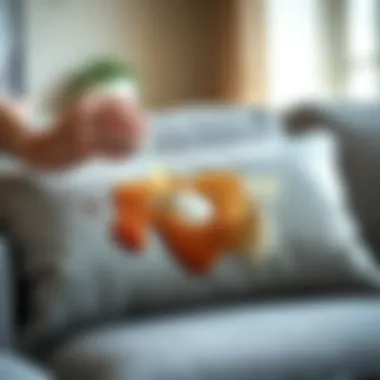 A stained sofa cushion undergoing treatment with a cleaning solution