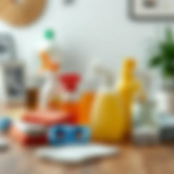 Various cleaning supplies arranged neatly on a table
