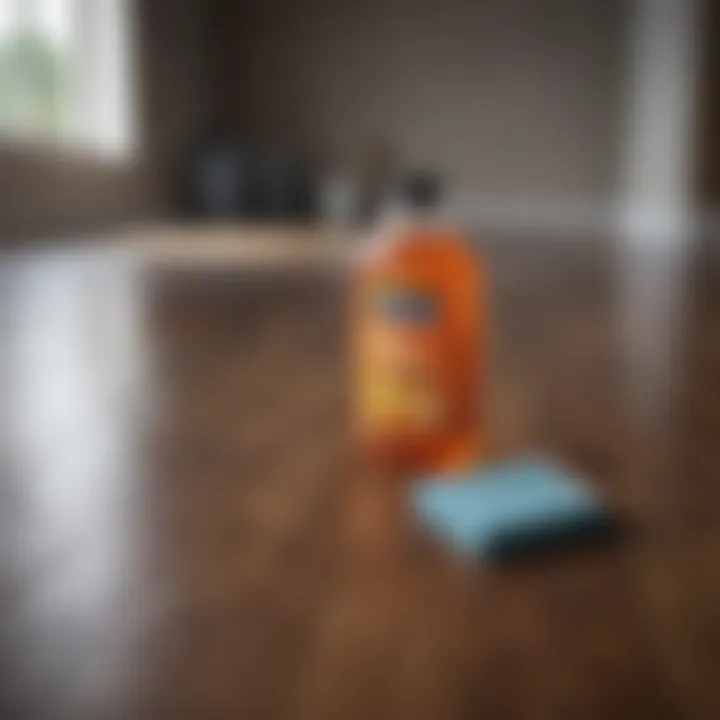 Essential cleaning supplies arranged neatly for hardwood floor maintenance