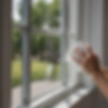 A person using a cloth to wipe a window.