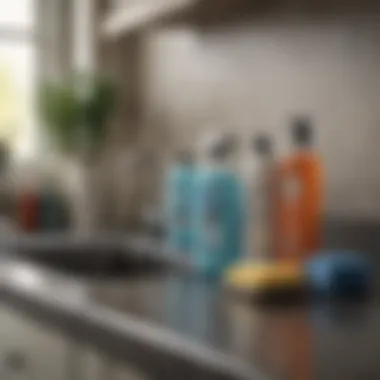 Essential cleaning supplies arranged neatly on a countertop.