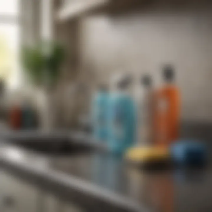 Essential cleaning supplies arranged neatly on a countertop.