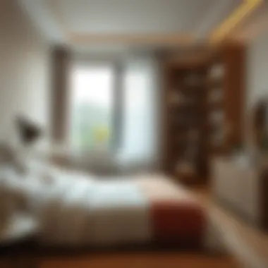 Tranquil and Organized Bedroom Space A serene bedroom that reflects tranquility, emphasizing neatness and functional organization.