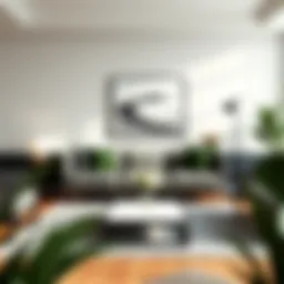 Artwork hung at optimal eye level in a modern living room