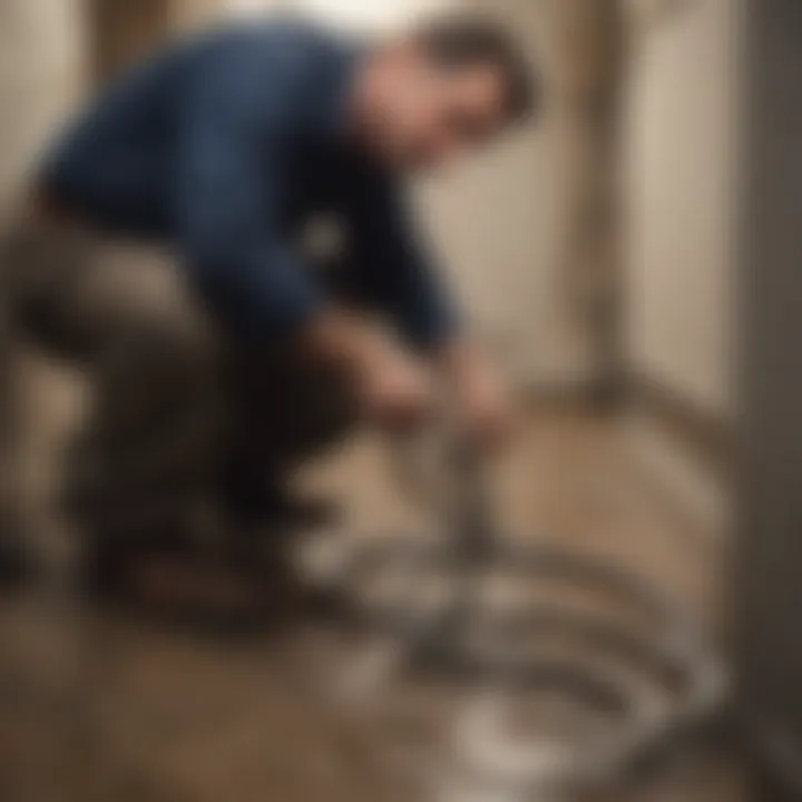 Plumber using a drain snake tool