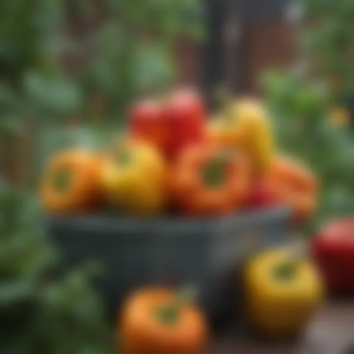 Colorful bell peppers ready for harvest from container gardening.