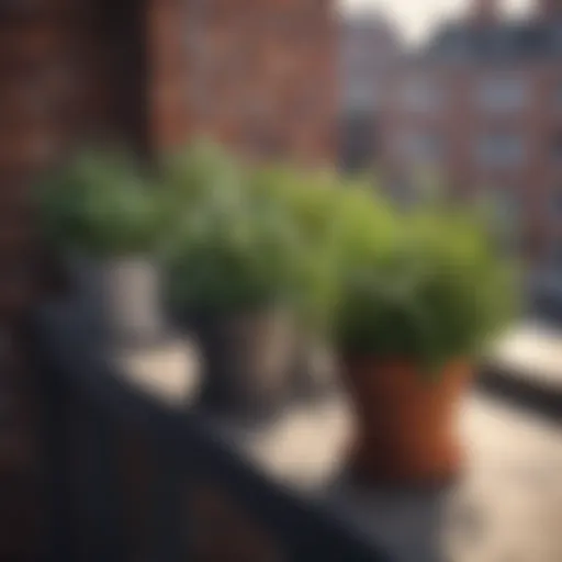 A selection of vibrant herbs planted in pots on a balcony.