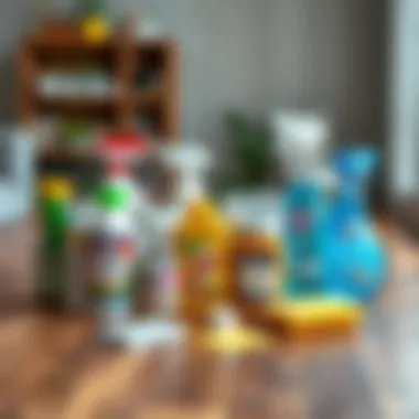 Household Cleaning Solutions for Oil Stains Various household cleaning products laid out on a wooden surface