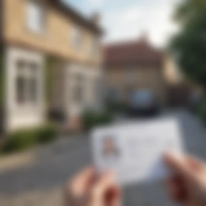 A person holding a identification card next to a house