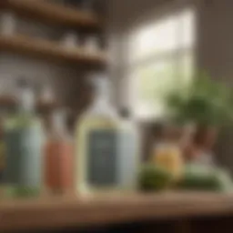 A selection of eco-friendly cleaning products on a wooden shelf.