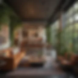 A vibrant communal space filled with greenery and artistic decor