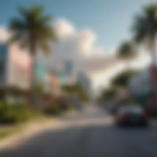 Scenic view of a vibrant Miami neighborhood with palm trees and colorful buildings