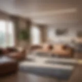 Spacious living area in a one bedroom apartment showcasing modern furnishings and design aesthetics