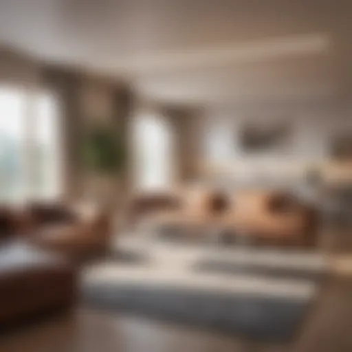 Spacious living area in a one bedroom apartment showcasing modern furnishings and design aesthetics