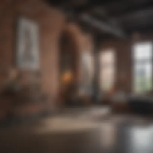 A stunning interior of an industrial apartment showcasing exposed brick and high ceilings