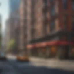 A vibrant street in Manhattan showcasing the architectural marvels of diverse skyscrapers