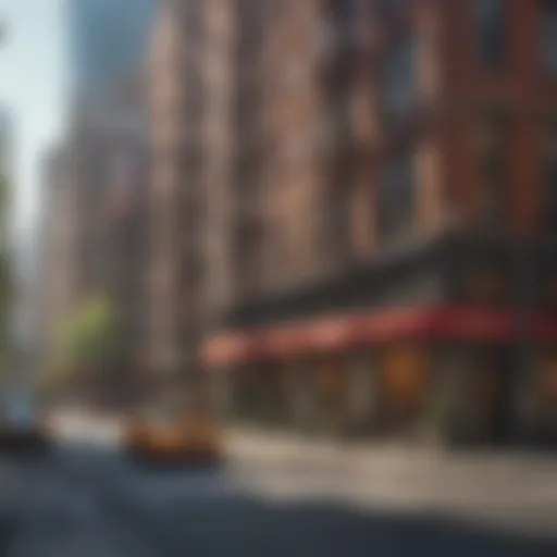 A vibrant street in Manhattan showcasing the architectural marvels of diverse skyscrapers