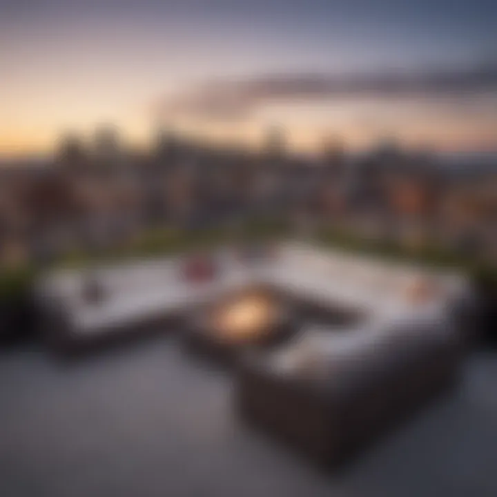 A relaxing rooftop terrace with views of the Denver skyline and surrounding mountains.