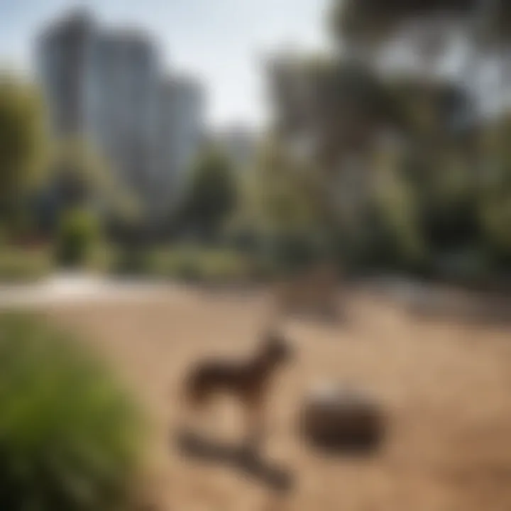 A dog enjoying a spacious dog park near an apartment