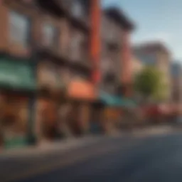 A vibrant street view of Seattle's Chinatown showcasing colorful storefronts and cultural elements