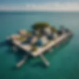 Aerial view of Stiltsville houses above turquoise waters