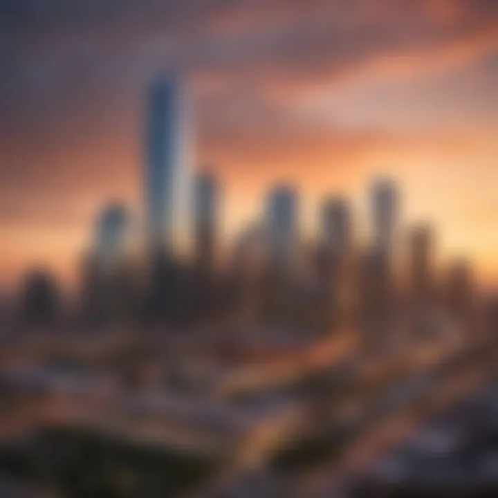 A stunning view of the Dallas skyline at sunset, showcasing modern skyscrapers.