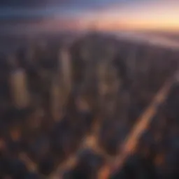Aerial view of Manhattan skyline at sunset