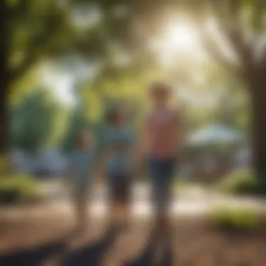 A vibrant park filled with families enjoying a sunny day in the suburbs