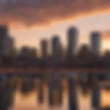 A panoramic view of Boston skyline at sunset