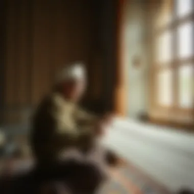 An artisan weaving a heavy tapestry using traditional techniques