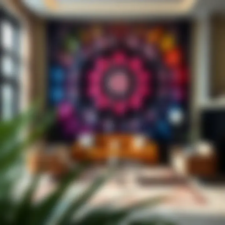A modern living space enhanced by a large, vibrant wall tapestry