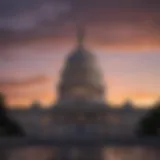 The iconic silhouette of the United States Capitol building against a twilight sky.