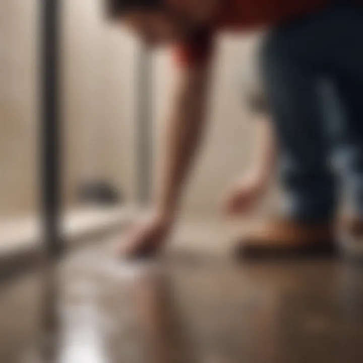 Image of a professional plumber inspecting a shower drain.