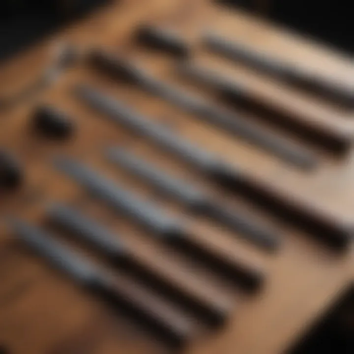 Assorted knife sharpening tools displayed on a wooden surface