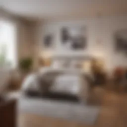 Stylish studio apartment layout featuring a full-size bed and multifunctional furniture