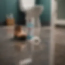 A bottle of vinegar and baking soda next to a toilet