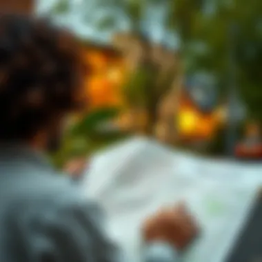 Neighborhood Exploration for Apartment Search A person examining a neighborhood map for apartment locations