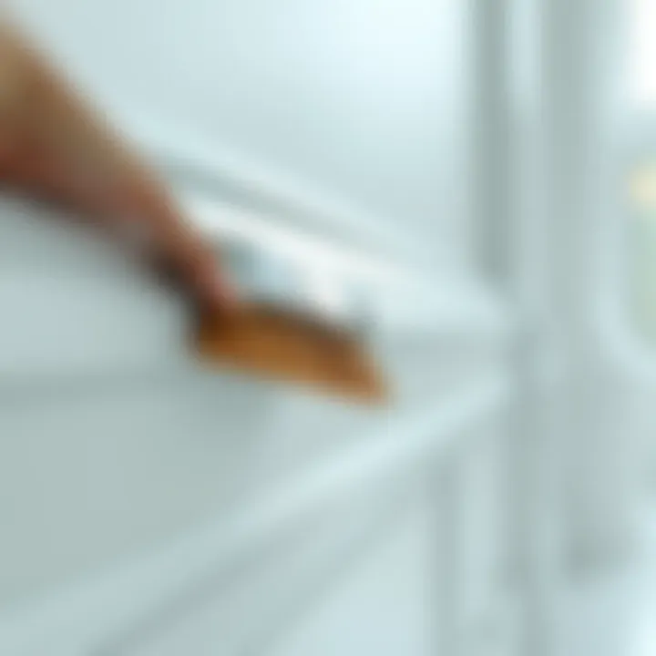 Close-up of a brush cleaning white baseboards