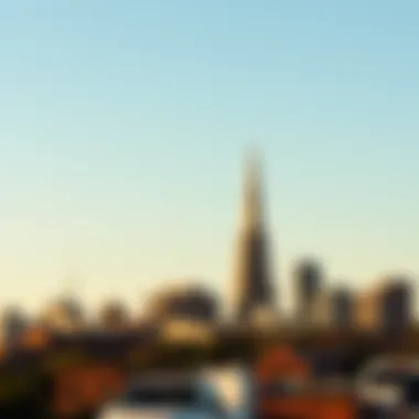 Skyline Featuring Wright's Spire A panoramic shot of a skyline featuring a striking spire designed by Frank Lloyd Wright