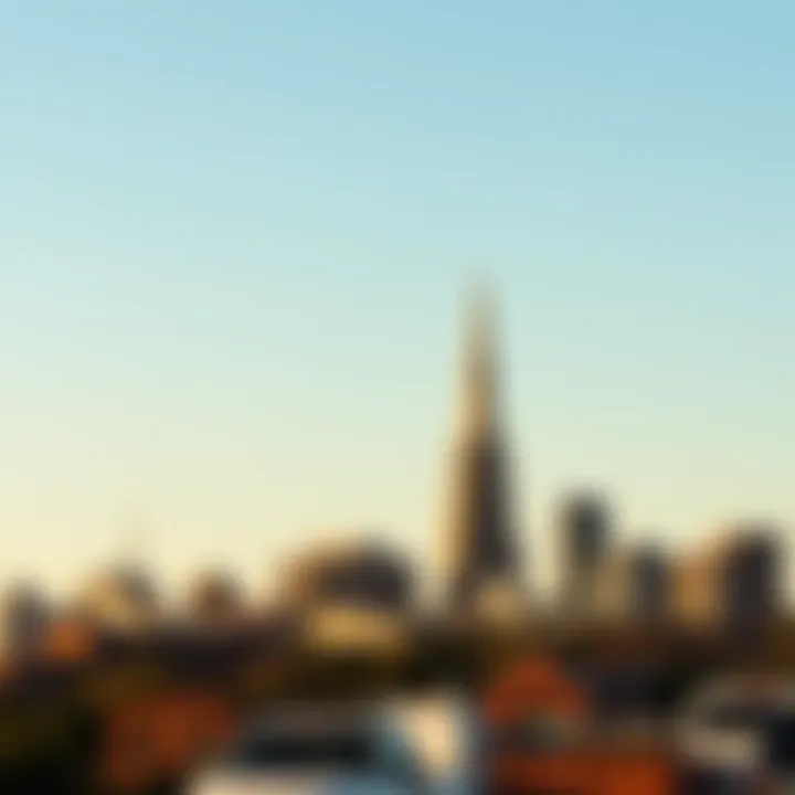 Skyline Featuring Wright's Spire A panoramic shot of a skyline featuring a striking spire designed by Frank Lloyd Wright