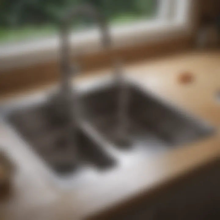 Close-up of a kitchen sink with plumbing under the counter.